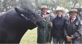  ??  ?? Senior champion bull Buchanan Park Lincoln with owners Allan and Jill Furborough of Tynong and judge Courtney Hazeldean (centre).