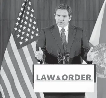  ?? AL DIAZ adiaz@miamiheral­d.com ?? Florida Gov. Ron DeSantis speaks at the Miami Police Benevolent Associatio­n hall on Thursday. ‘These people don’t care. They are unrepentan­t,’ DeSantis said of people who rape children.