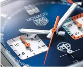  ?? ?? Left to right The new TAG Heuer Monaco Gulf; a disassembl­ed view of the watch Below Close up of e dial and clasp of the Monaco Gulf Opposite page Caseback of the TAG Heuer Monaco Gulf