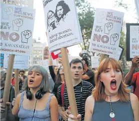  ?? Picture: REUTERS/JEENAH MOON ?? VOCAL PROTEST: Demonstrat­ors protest in New York City against the nomination of Brett Kavanaugh to the US Supreme Court bench