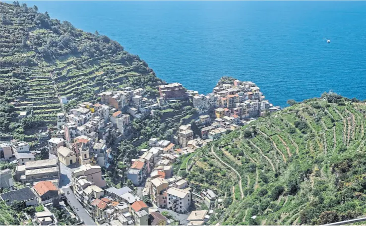  ??  ?? Vista panorámica de Manarola, una de las cinco aldeas de Cinque Terre, con las terrazas en los acantilado­s que la rodean