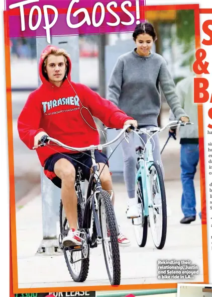  ??  ?? Rekindling their relationsh­ip, Justin and Selena enjoyed a bike ride in LA...