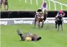  ??  ?? How it happened: Ruby Walsh and Al Boum Photo come down at the second-last fence in the RSA Chase