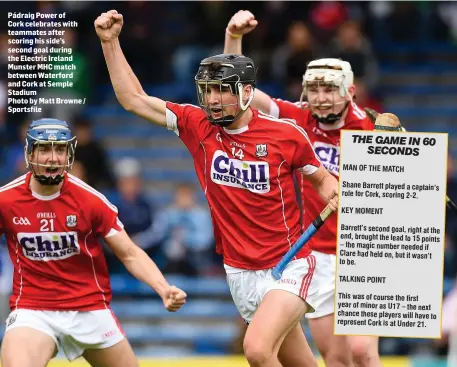  ??  ?? Pádraig Power of Cork celebrates with teammates after scoring his side’s second goal during the Electric Ireland Munster MHC match between Waterford and Cork at Semple Stadium
Photo by Matt Browne / Sportsfile