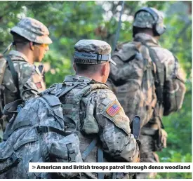  ??  ?? > American and British troops patrol through dense woodland