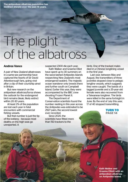  ?? ?? The antipodean albatross population has declined sharply over the past 16 years.
Kath Walker and Graeme Elliott with an antipodean albatross on Antipodes Island.