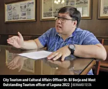  ?? BERNARD TESTA ?? City Tourism and Cultural Affairs Officer Dr. BJ Borja and Most Outstandin­g Tourism officer of Laguna 2022 |