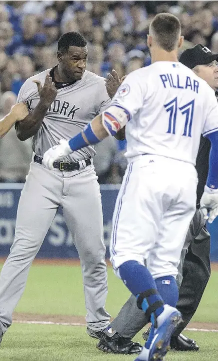  ?? CRAIG ROBERTSON / POSTMEDIA NEWS ?? New York Yankees starting pitcher Luis Severino was tossed from Monday’s game with the Toronto Blue Jays, a contest that included two bench- clearing brawls. The Yankees won the game 7-5.