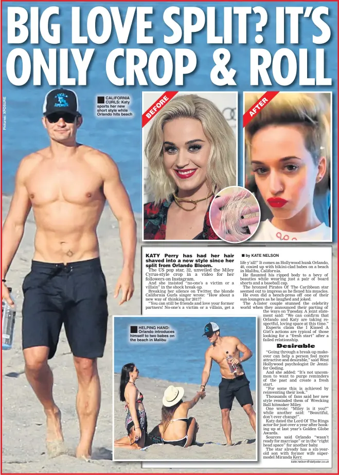  ??  ?? ®Ê CALIFORNIA CURLS: Katy sports her new short style while Orlando hits beach ®Ê HELPING HAND: Orlando introduces himself to two babes on the beach in Malibu