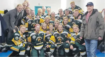  ??  ?? Members of the Saskatchew­an Junior Hockey League’s Humboldt Broncos are shown after a playoff win over the Melfort Mustangs on March 24.