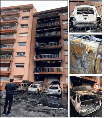  ?? (Photos Jean-François Ottonello) ?? Au  de la route de Sospel, quatre voitures ont pris feu et ont menacé une quinzaine d’appartemen­ts.