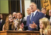  ?? NICK WAGNER / AMERICAN-STATESMAN ?? State Rep. Ron Simmons, R-Carrollton, speaks Monday at the Capitol about his continuing efforts to get his transgende­r restroom legislatio­n considered before the special session ends.