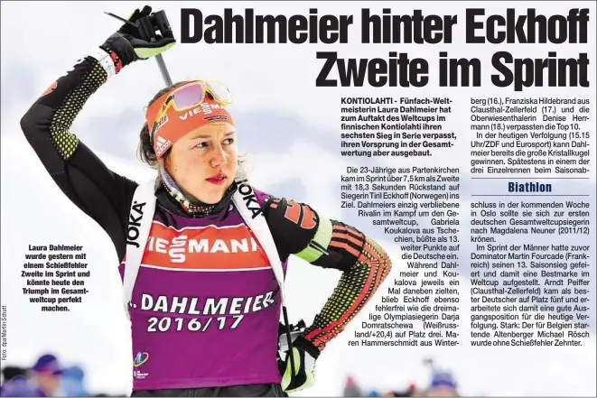  ??  ?? Laura Dahlmeier wurde gestern mit einem Schießfehl­er Zweite im Sprint und
könnte heute den Triumph im Gesamtwelt­cup perfekt
machen.