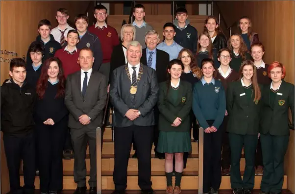  ??  ?? Cllr Paddy Kavanagh, Tom Enright and Cllr Tony Dempsey with pupils from the Presentati­on, Loreto, CBS, St Peter’s College, Selskar College, and Bridgetown College.