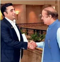  ?? —APP ?? Nawaz Sharif welcomes Bilawal Bhutto and Shah Mahmood Qureshi at the parliament­ary party leaders’ meeting in Islamabad.