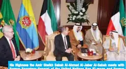  ??  ?? His Highness the Amir Sheikh Sabah Al-Ahmad Al-Jaber Al-Sabah meets with Former Secretary-General of the United Nations Ban Ki-moon and Former President of the Republic of Austria Heinz Fischer.