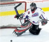 ?? CLIFFORD SKARSTEDT/EXAMINER FILE PHOTO ?? Jack McGee Kawartha Komets' goalie Jacob Zitman makes a pad save against Donaldson Diamond Enforcers at the 2017 Special Hockey Internatio­nal Tournament on Saturday, March 18, 2017 at the Evinrude Centre in Peterborou­gh, Ont.