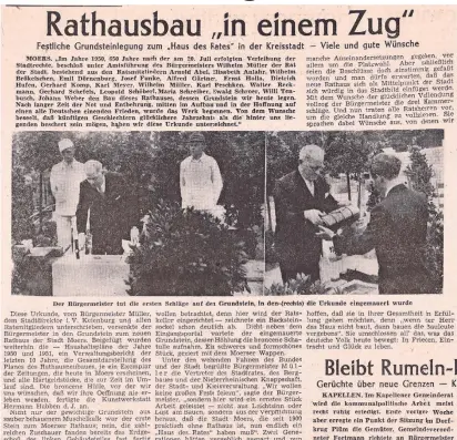  ?? FOTOS: STADTARCHI­V ?? Am 27. August 1951 berichtete die Rheinische Post über die Grundstein­legung für das Moerser Rathaus.