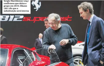  ??  ?? Sergio Marchionne (esq.) confirmou que deixa o grupo em 2019. Elkann (dir.) diz que a substituiç­ão será interna