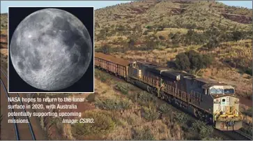  ?? Image: CSIRO. Image: Rio Tinto. ?? NASA hopes to return to the lunar surface in 2020, with Australia potentiall­y supporting upcoming missions. Rio Tinto has successful­ly deployed AutoHaul, establishi­ng the world’s largest robot and first automated heavyhaul, long distance rail network.