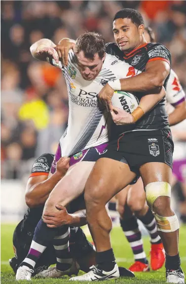  ?? Picture: GETTY IMAGES ?? CONTENTIOU­S GAME: Tim Glasby of the Storm charges forward during the Round 19 match against the New Zealand Warriors in Auckland on Sunday.