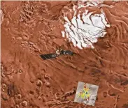  ?? USGS Astrogeolo­gy Science Center / Arizona State via New York Times ?? An illustrati­on of the southern polar plain of Mars includes the Mars Express. Italian scientists announced that, for the first time, a body of salty liquid water has been detected beneath the ice cap.