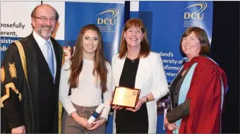  ??  ?? Orla Molloy, former student of Our Lady’s College, Drogheda has been presented with a €500 Academic Scholarshi­p to study at DCU. Pictured with Professor Brian MacCraith, President of DCU, school principal Geraldine Mulvihill and Professor Michelle...