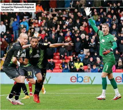  ?? Dave Rowntree/PPAUK ?? Brendan Galloway celebrates hia goal for Plymouth Argyle at Lincoln City