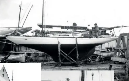  ??  ?? CLOCKWISE FROM RIGHT : Ngatira on dock. Ngatira and crew at Matiatia, 1930, Tim Windsor at left rear. The profile and sail plan of a keel yacht Tim Windsor designed in March 1939 and submitted as his final task for Westlawn School. Ngatira under sail.