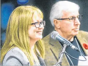  ?? MITCH MACDONALD/THE GUARDIAN ?? Municipal Affairs manager Samantha Murphy speaks on the implementa­tion of the new Municipal Government Act during the Federation of Prince Edward Island Municipali­ties’ semi-annual meeting at Montague Curling Club on Saturday. Next to Murphy is FPEIM...