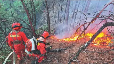  ?? XINHUA ?? Firefighte­rs work on Sunday at the site of a forest fire near Baizi village in the Garze Tibetan autonomous prefecture of Sichuan province. The fire started at around 5 pm on Friday.
