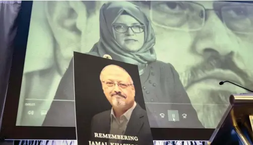  ?? | J SCOTT APPLEWHITE AP ?? A VIDEO image of Hatice Cengiz, fiancée of slain Saudi journalist Jamal Khashoggi, played in Washington on November 2 during an event to remember Khashoggi, the columnist for The Washington Post who was murdered inside the Saudi Consulate in Istanbul on October 2.