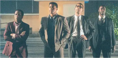  ?? AMAZON STUDIOS ?? From left, Leslie Odom Jr., Eli Goree, Kingsley Ben-Adir and Aldis Hodge star in Regina King’s “One Night in Miami.”