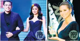  ?? / Pep.ph ?? ■IZA CALZADO gidawat ang iyang Movie Actress of the Year award samtang si Kim Chiu ug Xian Lim ang napiling Female and Male Star of the Night sa 34th Star Awards for Movies.