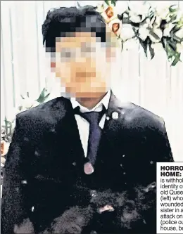  ?? ?? HORROR AT HOME: The Post is withholdin­g the identity of a 13-yearold Queens boy (left) who allegedly wounded his teen sister in a knife attack on Saturday (police outside house, below).