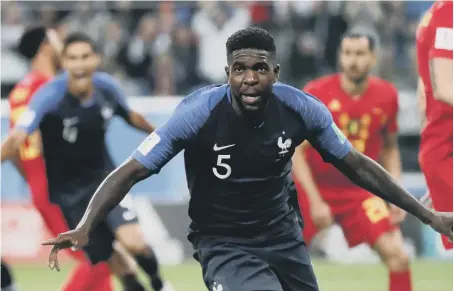  ??  ?? Samuel Umtiti celebrates after scoring France’s winning goal at the St. Petersburg Stadium last night.