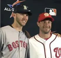  ?? RON BLUM, THE ASSOCIATED PRESS ?? American Leaguer Chris Sale of the Boston Red Sox, left, poses Monday with National Leaguer Max Scherzer of the Washington Nationals.