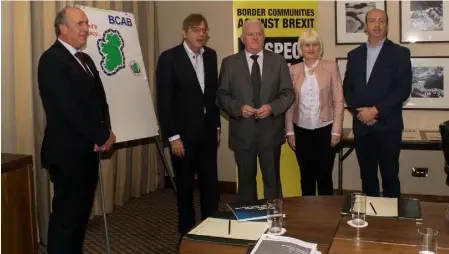  ??  ?? Border Communitie­s Against Brexit meeting with Guy Verhofstad­t, EU Parliament Brexit Coordinato­r, from left, John Sheridan, Guy Verholfsta­dt MEP, Declan Fearon, Marian Harkin MEP and Damian McGenity.