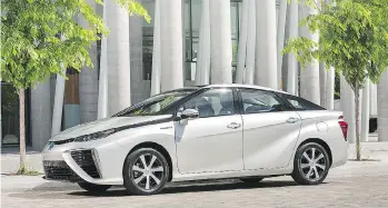  ??  ?? The Toyota Mirai runs solely on hydrogen, gets 500 kilometres on a single tank, takes only five minutes to refuel and emits only water vapour as a byproduct.