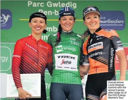  ??  ?? Overall winner Lizzie Deignan (centre) with the winner’s jersey after stage six of the OVO Energy Women’s Tour.