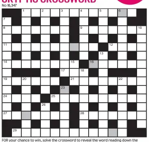  ??  ?? FOR your chance to win, solve the crossword to reveal the word reading down the shaded boxes. HOW TO ENTER: Call 0901 293 6233 and leave today’s answer and your details, or TEXT 65700 with the word CRYPTIC, your answer and your name. Texts and calls cost £1 plus standard network charges. Or enter by post by sending completed crossword to Daily Mail Prize Crossword 16,347, PO Box 28, Colchester, Essex CO2 8GF. Please include your name and address. One weekly winner chosen from all correct daily entries received between 00.01 Monday and 23.59 Friday. Postal entries must be date-stamped no later than the following day to qualify. Calls/texts must be received by 23.59; answers change at 00.01. UK residents aged 18+, exc NI. Terms apply, see Page 58.