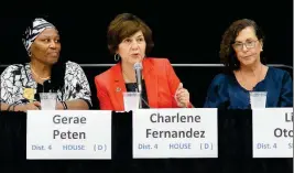  ??  ?? CHARLENE FERNANDEZ (D-YUMA) (CENTER), running for re-election to the state House of Representa­tives in Legislativ­e District 4, speaks during Thursday’s Arizona Legislatur­e Candidate Forum inside Yuma Civic Center. Fernandez is flanked by fellow House...