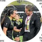  ?? ?? Black Ferns co-captain Kennedy Simon is congratula­ted by NZ Rugby CEO Mark Robinson after the World Cup win.