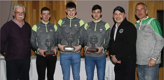  ??  ?? North Kerry Football Coiste na nÓg making presentati­ons to 3 members of the victorious Kerry minor team at the awards night night held in Christys “The Well” Listowel on Thursday night last. L-r Tom Moran Coiste na nÓg, Barry Mahony St Senans, Adam...