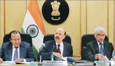  ?? Prem Nath Pandey ?? Chief Election Commission­er Nasim Zaidi and the Election Commission­ers at Wednesday’s press conference.