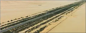  ?? ZHAO GE / XINHUA ?? PetroChina Tarim Oilfield has completed a 436-kilometer tree-lined windbreak along a desert road in the Tarim Basin to help contain desertific­ation.