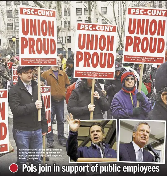  ??  ?? City University staffers are prominent at rally, which included speeches by Gov. Cuomo (near right) and Mayor de Blasio (far right).