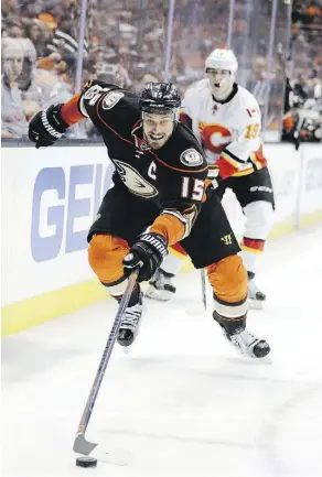  ?? JAE C. HONG/THE ASSOCIATED PRESS ?? Anaheim Ducks captain Ryan Getzlaf added to his franchise-leading playoff points total Thursday against the Calgary Flames with a goal and an assist in the Ducks’ 3-2 Game 1 victory.