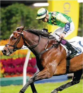  ?? Photos: HKJC ?? Derek Leung guides the Ricky Yiu-trained Off The Reel to victory at Happy Valley last night.