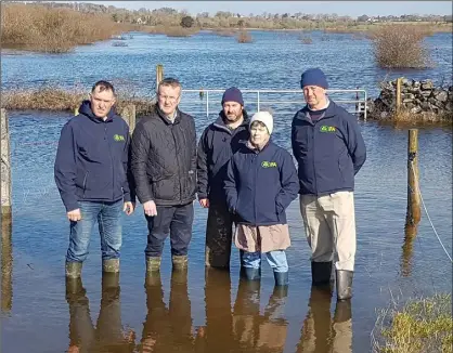  ??  ?? Connacht IFA chairman Pat Murphy; Tim Cullinan, IFA president; Joe Rock; Ann Mitchell, Galway IFA chair, and Martin Murphy pictured on the Rock farm, near Gort, which has been severely affected by recent flooding.